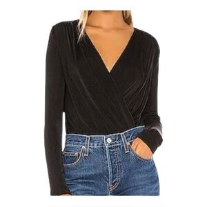 Free People Turnt Draped Bodysuit Black Deep V-Neck Long Sleeve Shimmer Medium